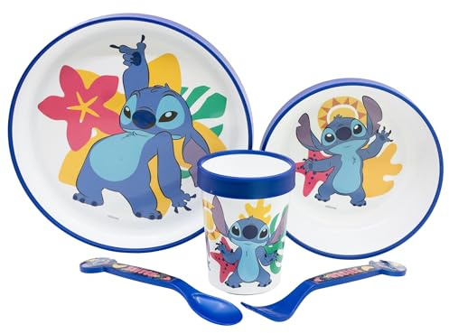Stitch - Set di stoviglie riutilizzabili per bambini, antiscivolo, con fondo in silicone bicolore composto da piatto, ciotola, tazza e posate