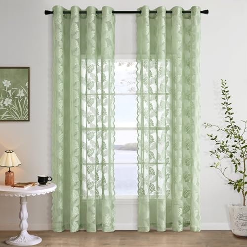 MIULEE Spitzenvorhänge mit Transparent Lichtdurchlässige Vorhänge Muster Gardinen mit Ösen 2er Set Voile Vintage Europäische Stil für Schlafzimmer und Wohnzimmer Vorhang, 2X H225 x B150 cm, Grün