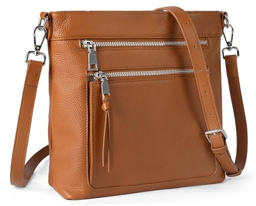 befen Umhängetasche aus echtem Leder für Damen, leicht, mittelgroß, Umhängetasche, Handtasche, Cognac-Braun, Medium
