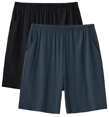 JINSHI Pyjamasbyxor, män, korta pyjamasbyxor, sovshorts, bomull, korta sovbyxor, loungebyxor, nattbyxor, korta fritidsbyxor med fickor, Svart + havsblå, L