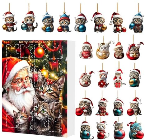 Katzen Adventskalender 2024, Weihnachtsbaum Katzen Anhänger, 2D Acryl Katzenanhänger Weihnachtskalender 2024, Weihnachtsbaumschmuck,Christbaumschmuck Weihnachtsschmuck Geschenk