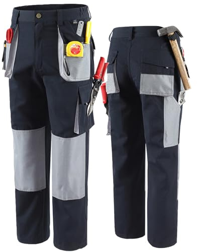 ORSJA Work Trousers Men,Wear-Resistant Cargo Trousers with Multi-Functional Pockets,Reinforced Knee Pad, Elastic Waistband & Hammer Loop, Work Pants for Builders, Carpenter & Painters,34W / 31L Blue