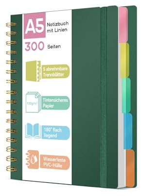 ihaspoko Cuaderno A5 con Separadores- Papel 100GSM Anti-Sangrado, 300 Páginas, Tapa Dura de PVC, Libreta de Proyectos Espiral para Escuela, Oficina y Regalos