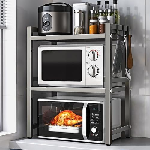 BELIFEGLORY Expandable Microwave Oven Rack, Kitchen Countertop Over Microwave Stand Shelf Unit, Kitchen Worktop Organiser for Air Fryer, Space Saving Standing Baker's Racks (Grey / 3-Tier)