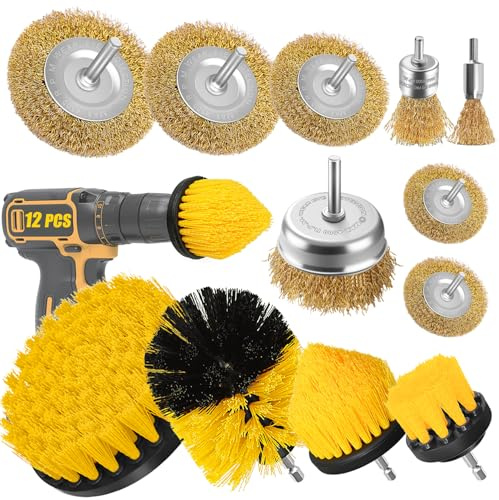 12 Pcs Drill Brush Set for Clean - 8 Wire Wheel Cup Brush + 4 Plastic Brushes (1/4 Shank) for Rust, Paint, Wood Debris, Sink, Bathroom, Tile, Carpet, Grout, Kitchen & Car Wheels