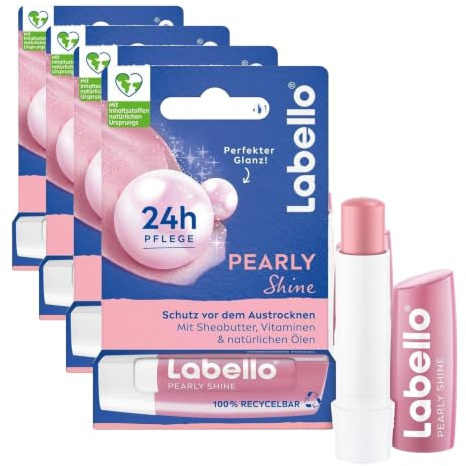 Labello Pearly Shine Lippenpflegestift, Lippenpflege mit schimmerndem Perlglanz für 24h Feuchtigkeit, pflegender Lippenbalsam mit Sheabutter und natürlichen Ölen (4,8 g) (Packung mit 4)