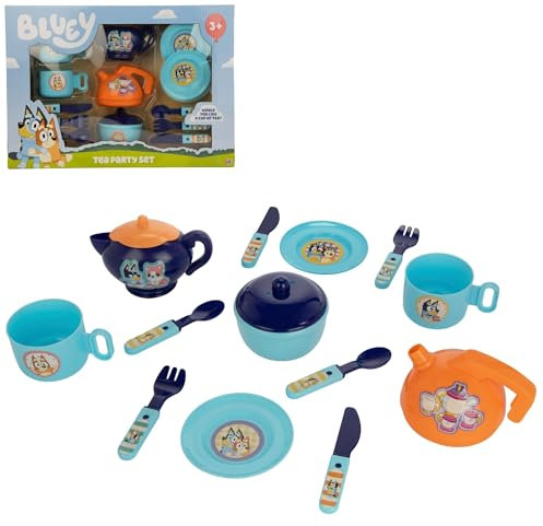 Bluey Plastic Tea Set | Pretend Afternoon Tea Playset | Bluey & Bingo Toys | Including Reusable Teapot, Cups, Kettle, Cutlery & Saucers | hildrens Roleplay Playsets | Kids Kitchen Pretend Play Tea Se