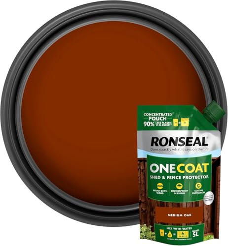 One Coat Shed & Fence Paint Refill Pouch – 950ml – Medium Oak – Mix 1 Pouch with 4L Water to Make 5L – Same as Ready-Mixed Buckets – Weatherproof Wood Treatment for Fences & Sheds