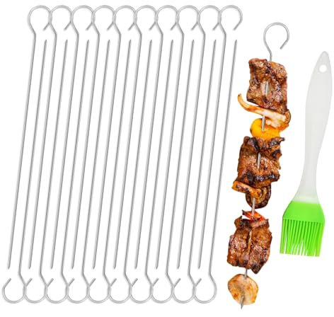 20 PCS BBQ Metal Skewers Stainless Steel, Air Fryer Skewers 7.87''/20cm, Reusable Kebab Skewer for Kebabs, Grilling, Oven, and BBQ（Including Barbecue Brush）