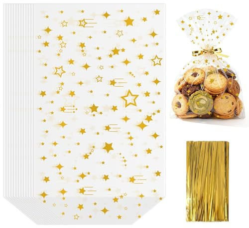 Anstore Zellophantüten mit Sternen, 100 Stück Cellophantüten 18x30cm | Geschenktüten Durchsichtig mit Boden, Plätzchentüten mit Golden Bindebändern für Ostern Hochzeit Geburtstag Party Weihnachten