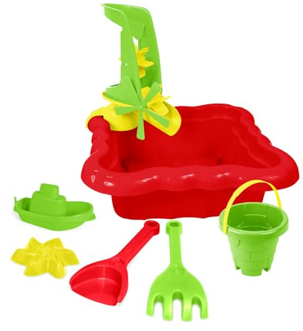 Wader 72013 - Sandkasten mit Mühle, Eimer, Schaufel, Rechen, Boot und Sandform, Größe ca. 35,5 x 14 x 35,5 cm, für Kinder ab 12 Monaten, geeignet als Geschenk für kreatives Spielen