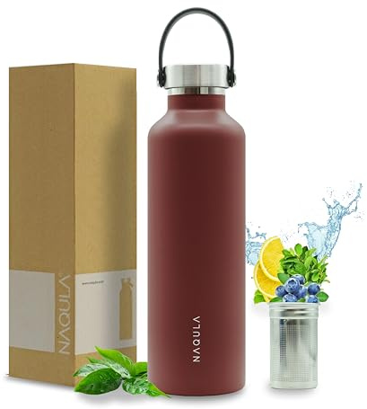 NAQULA® Thermosflasche 750 ml mit Tragegriff und abnehmbarem Sieb f Tee od Früchte. Edelstahl Trinkflasche auslaufsicher, kohlensäurehaltige Getränke geeignet, Isolierflasche heiß und kalt. (Rot)