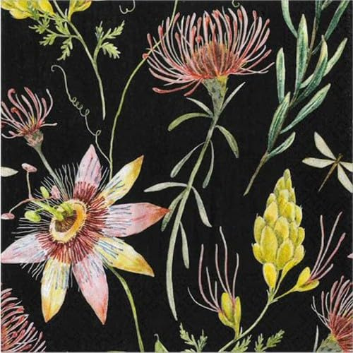 Papstar 20 Servietten Blumen Zierliche Blumen auf schwarz als Tischdeko. Papierservietten mit Motiv. Auch für Decoupage und Serviettentechnik 33x33cm