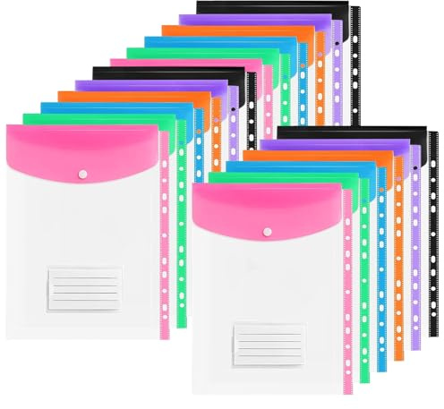 18 carteras de plástico A4 perforadas, carpetas de plástico para documentos, colores surtidos, bolsillo para carpeta con botón a presión para el hogar, escuela, oficina (vertical)