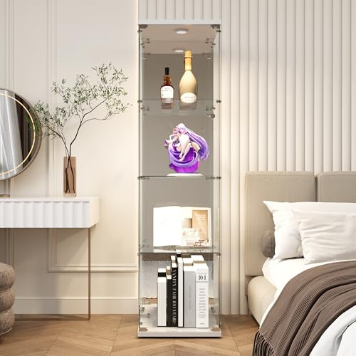 Henunem glasvitrinskåp, modernt vitrinskåp i glas, vitrinskåp med 2 glasgolv och 1 dörr av härdat glas, för kontor samlarobjekt böcker vin (vit-med LED, 165 × 44 × 14 cm)