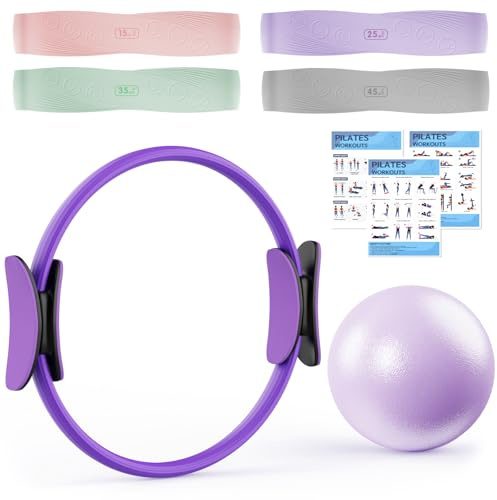 XTTANK Umfassendes Pilates Set mit Pilates Ring, 4 Widerstandsbändern (15, 25, 35, 45 lbs), Platzfester Mini-Ball, Pilates Kit für Zuhause, Kraft, Flexibilität, Stabilität & Straffung