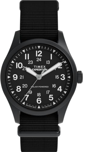 Timex Expedition Field Post Solar TW2Y31900 - Reloj de cuarzo para hombre (36 mm, correa de tela negra ecológica, esfera negra y cristal de zafiro)