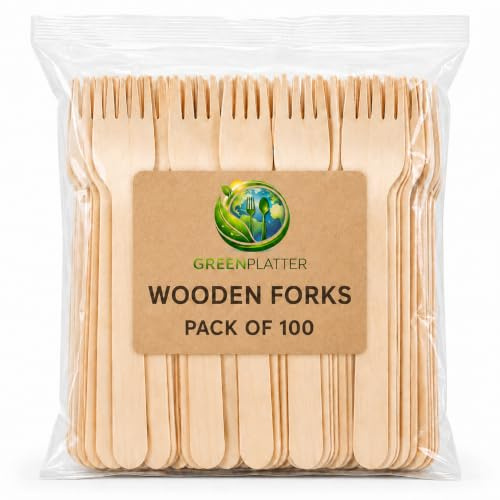 greenplatter Wooden Forks - Disposable Biodegradable Birch Wood Utensils for Parties, Picnics, Weddings, BBQs, and Events (100)