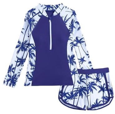 Traje de baño Manga Larga para niñas con Solar UPF 50+ y Shorts Verano Piscina Playa Juegos acuáticos (Blue, 9-10 Years)