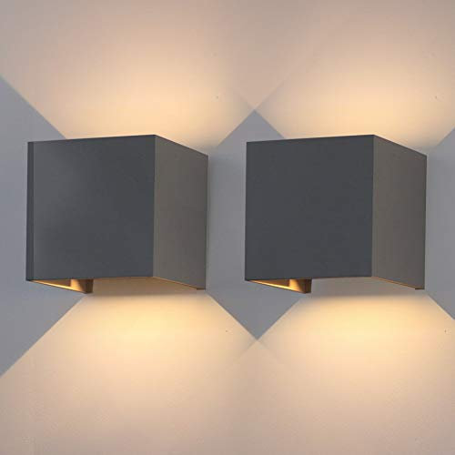 Klighten 2 Stück LED Wandleuchten Innen/Außen 12W Wandlampe Auf und ab Einstellbarer Lichtstrahl, 3000K Warmweiß Außenwandleuchte IP65 für Wohnzimmer Schlafzimmer Balkon,Dunkelgrau