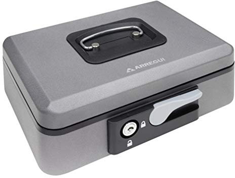 ARREGUI Popup C9736 Caja Caudales con Llave y Pulsador de Apertura para Contar y Transportar Dinero | Caja de Seguridad de acero y bandeja interior | Caja fuerte portatil 25 cm de ancho | Gris grafito