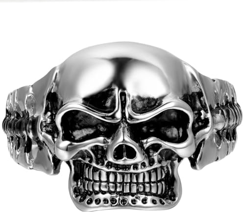JewelryWe Bijoux Bracelet Homme Punk Rock Tête de Mort Crâne Poli Grand Lourd Acier inoxydable Couleur Argente Noir Avec Sac Cadeau