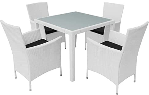 vidaXL Gartenmöbel 5-TLG. Gartenset Sitzgruppe Sitzgarnitur Gartengarnitur Gartentisch Esstisch Tisch Stühle Poly Rattan Cremeweiß