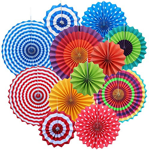 12 x Seidenpapier-Fächer mit rundem Rad, Dekoration zum Aufhängen, Papier-Rosette, Hintergrund, Papier-Medaillons, Papier-Räder.