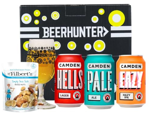 Camden Town Brewery Mixed Craft Beer Gift Set – Includes Pale Ale, IPA & Hells Lager with Beerhunter Glass & Mr Filberts Snacks | British Craft Beer Gift Box for Him or Her