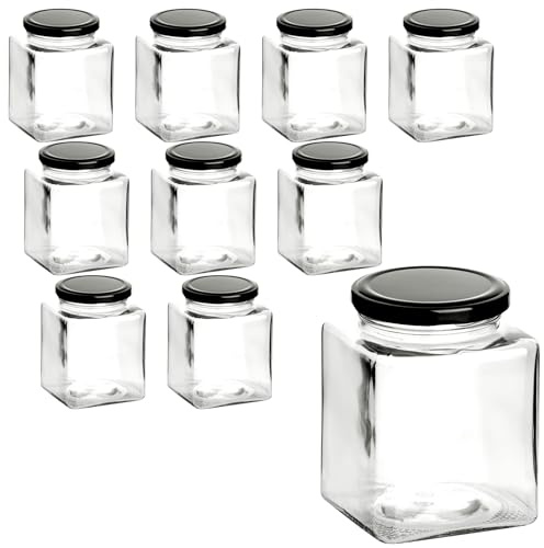 gouveo 10er Set Vorratsgläser 500 ml (0,50 l) Vorratsglas 500 ml eckig schwarzer Metall-Schraubdeckel TO 70, Klarglas Schraubgläser für Marmelade, Chutney, Gewürze & Vorrat (EGET500SZ)