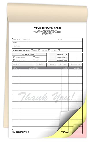 Custom 5.5 x 8.5 Carbonless NCR Books in 3-Part Triplicate Invoices, Receipts, Work Orders, Sales Orders, Purchase Orders, Estimates, Quote Forms with Your Company/Business Name (300 Sets)