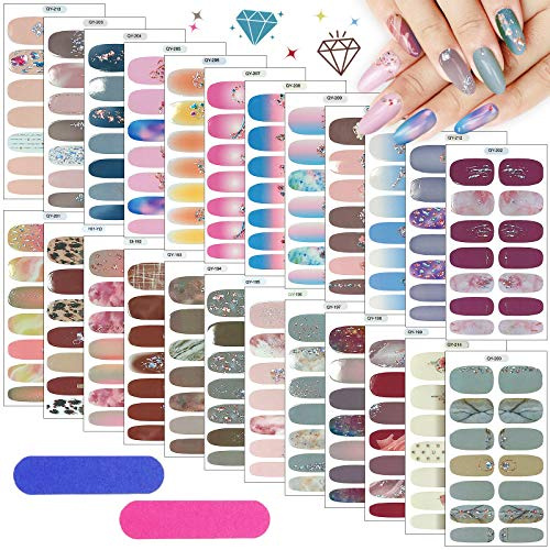 Kalolary 24 Blatt Nagelfolie Nagelsticker Mit 2 Stück Nagelfeilen, Glitter Diamond Nail Art Aufkleber Selbstklebend für Frauen Mädchen DIY Nagelkunst Designs