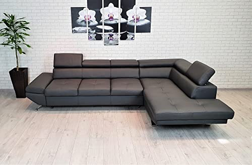 Quattro Meble Dunkelgraues Echtleder Ecksofa Varsovia Pik 305 x 193 cm Sofa Couch mit Schlaffunktion und Kopfstützen Echt Leder Eck Couch viele Farben (Ecke Rechts 305 x 193 cm)