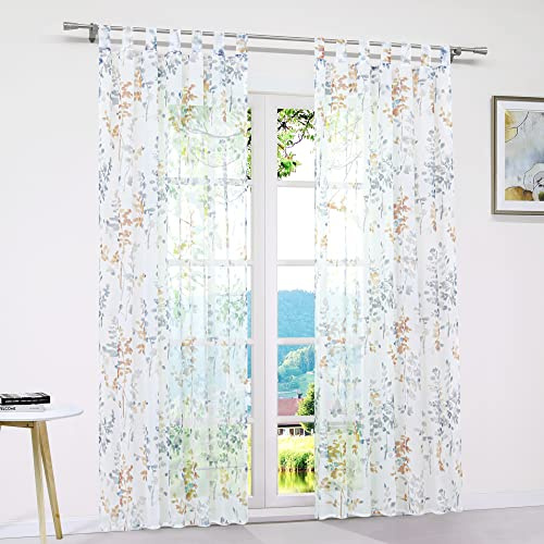 ESLIR Gardinen mit Schlaufen Vorhänge Gardinenschals Transparent Schlaufenschal Blätter Muster Voile Orange BxH 140x245cm 1 Stück