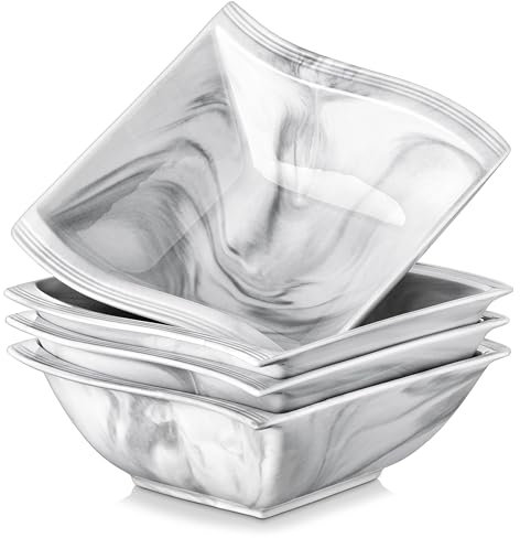 MALACASA Soup Cereal Bowls 30oz Set of 4 for Kitchen, Ceramic Square Bowl Set for Cooking, Large Serving Bowls, Marble Grey Bowls for Salad Pasta Dessert, Anti-chip, Dishwasher Safe, Series Flora
