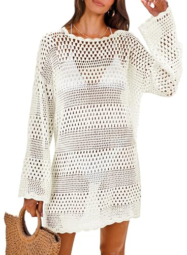 ANRABESS Women Swimsuit Crochet Swim Cover Up 2026 Summer Bathing Suit Swimwear Mesh Knit Beach Dress Vacation Outfits Cream White Large