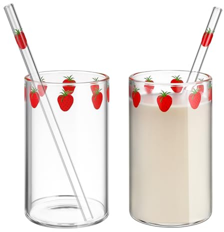UPKOCH Vasos de Fresa con Pajita, Juego de 2, para Cocina y Servicio | Vasos transparentes para leche, zumo, té frío y bebidas de desayuno, para cocina y servicio, para cocineros y anfitriones