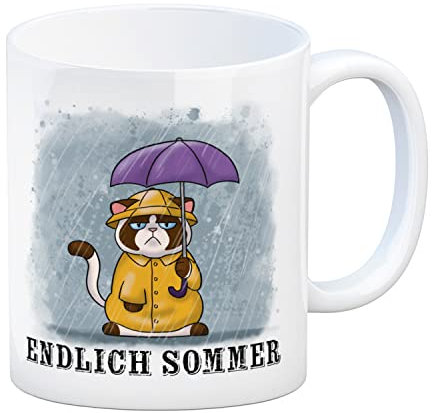 Endlich Sommer Kaffeebecher mit grummeliger Katze als lustige Tasse für die verregnete Sommerzeit für Miesepeter und Regenmuffel die endlich wieder Sonne sehen möchten