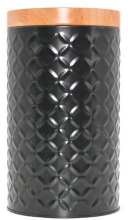 Dekohelden24 Boîte à biscuits en métal noir, couvercle aspect bois et motif en relief, dimensions H/Ø : env. 18,5 x 10,5 cm