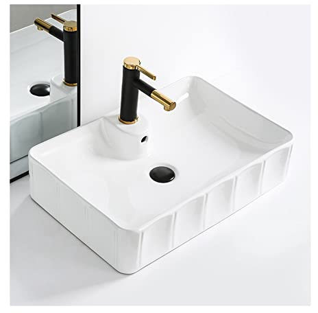 Waschbecken 23,4 x 15,5 rechteckiges Waschbecken mit Ablauf und Wasserhahn, Waschbecken über der Theke, Waschbecken aus Keramik, Waschbecken aus Keramik, Aufsatzwaschbecken, weiße Waschbecken for Ba
