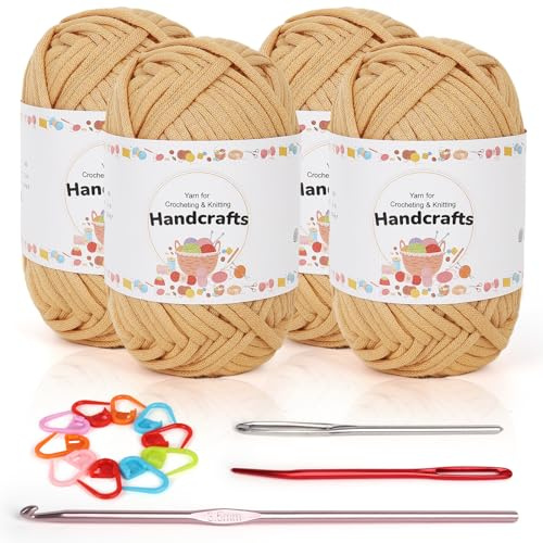Coopay 4 Stück Einfach Garn, Häkelgarn für Anfänger, Gut Sichtbare Maschen Garn Zum Häkeln mit Häkelzubehör, Baumwoll-Nylon-Garn für Anfänger zum Häkeln und Stricken (4 X 50 g), Khaki