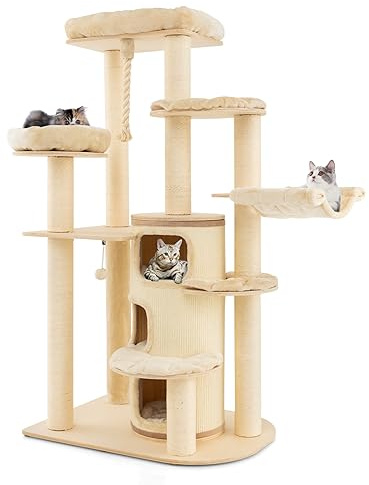 GOPLUS - Árbol para gatos (173 cm, madera, percha superior, condominio de 3 plantas, hamaca, rascadores de sisal, bola y cuerda colgante (Beige)