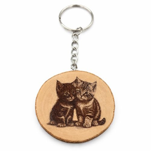 Promotech Katzenliebe Porte-clés unique en bois gravé au laser fait à la main, Bois naturel, W5L5