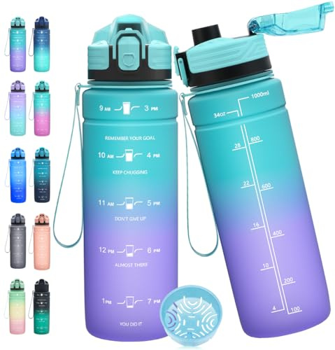 Expansea Trinkflasche 1L/500ml/ 700ml/1500ml Sportflasche, BPA-frei Tritan Trinkflasche Sport Auslaufsicher mit Zeitmarkierung - Wasserflasche für Fitness, Fahrrad, Outdoor, Yoga, Gym, Schule