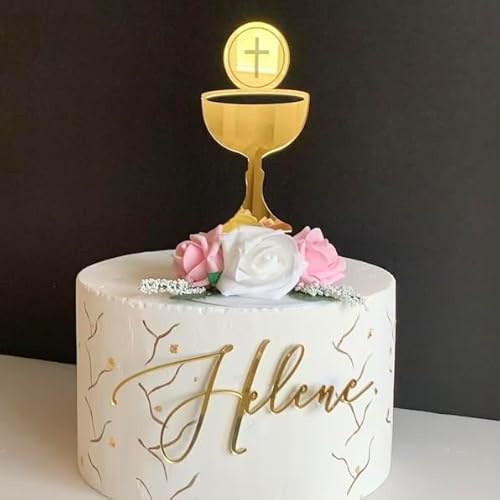 Erste Heilige Kommunion Tortendeko mit personalisiertem Namen, Gold Kelch mit Kreuz, Taufname, Tortenaufsatz aus Acryl oder Holz, Erstkommunion, Dekoration für Kommunion, Taufe Konfirmation (Design 3)