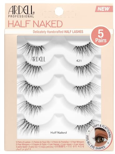 Ardell Half Naked 421 False Eyelashes, Natural Cat Eye False Lashes, Mid Volume & Flare Silhouette, Soft & Lightweight, Pre-Cut Eyelash Strip for Outer Corner Lift, 5 Pairs of Half Lashes