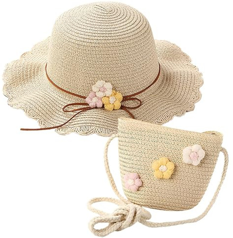 HIMKI Ensemble chapeau de paille pour enfants - Chapeau de soleil mignon d'été + sac en paille pour filles - Chapeau de voyage avec décoration florale pour les vacances, les voyages, l'extérieur, tour