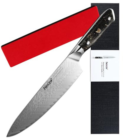 hecef 8 Inch Japanese Chef Knife, Black – Premium Damascus Steel, Ergonomic Resin Handle | Ultra-Sharp, Durable & Rust-Resistant, Effortless Slicing for Meat, Veg & Bread, Ideal for Home Cooking