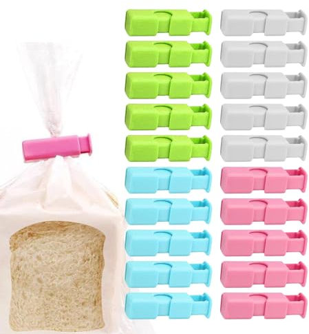 Monozoz Lebensmittelklammern für Beutel, Quetschklammern für Lebensmittelbeutel | Squeeze and Lock Grip Sealer Chip Bag Clip - Brotbeutel-Clip, einfach zu drückende Entriegelung, 20 Stück Snack-Clips
