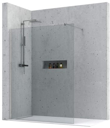 Walk-In Duschwand – 8mm – Maßanfertigung – klar – 45° Stabistange – ESG Sicherheitsglas Duschabtrennung – rahmenloses Design – Duschwand für Badewanne oder bodeneben – DIN EN 12150
